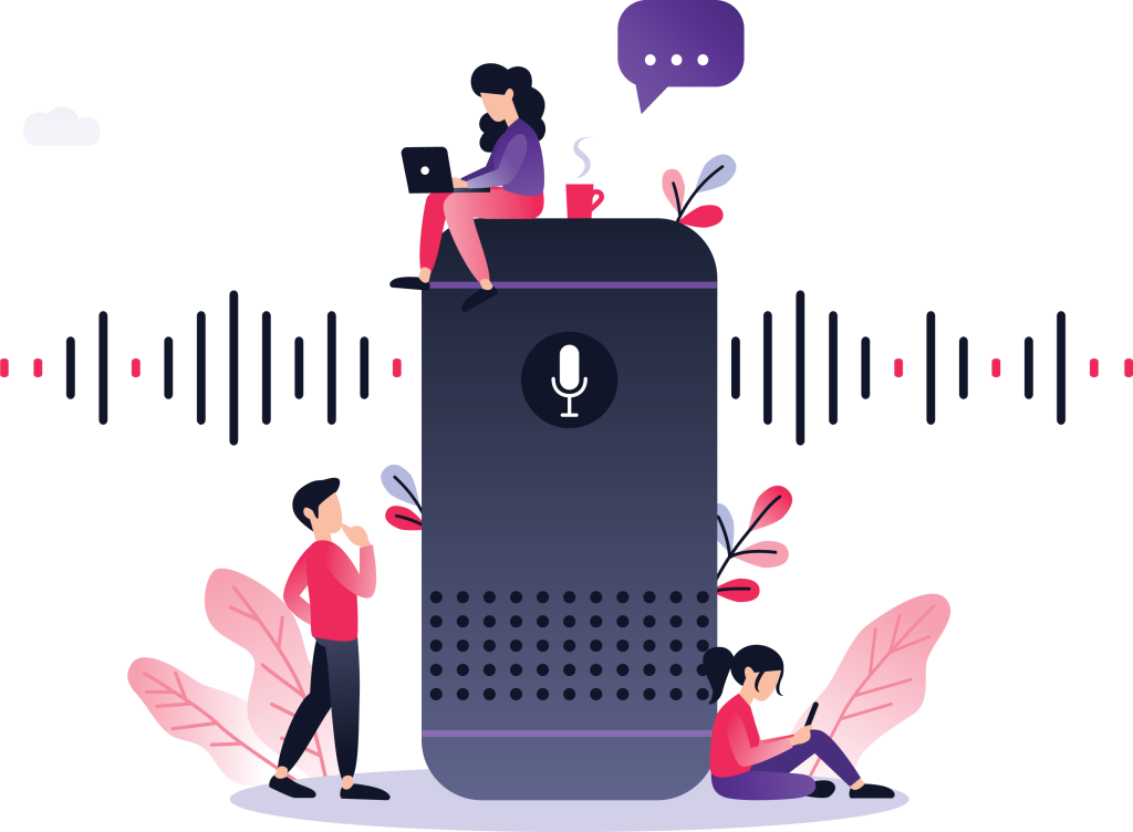 Choosing the Right Voice - List Image - Brand Alignment, Audience Connection, Versatility and Range - Vestor illustration of various people using devices around a phone/microphone with sound waves conveying the importance of audio in digital marketing and web use