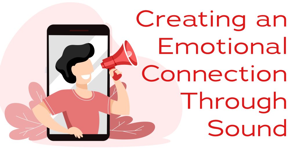 The Impact of Voice Branding, creating an emotional connection through sound - vector graphic of man coming out of smart device with megaphone showing audio branding concept