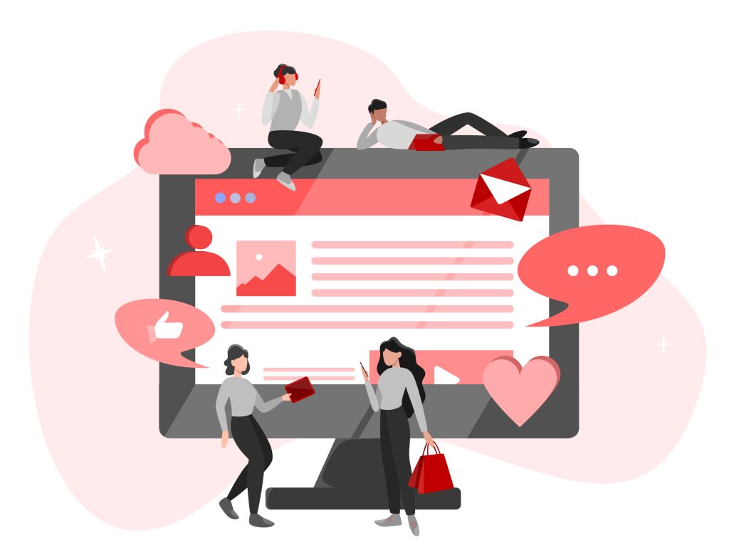 Voice branding can transform customer interactions into more meaningful engagements - graphic illustration of computer monitor surrounded by people using various devices and web marketing symbols to portray a concept of audio marketing and sound branding online