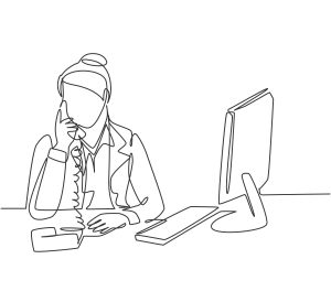 Single line illustration of woman at computer desk talking on office phone - A dynamic blend of personalized messages with carefully selected music can significantly enrich the customer’s waiting experience