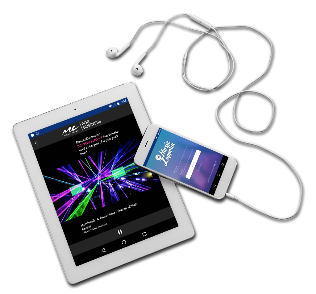 Smartphone and Tablet with headphones showing Music Zeppelin login screen on phone and music playing screen on tablet/Ipad