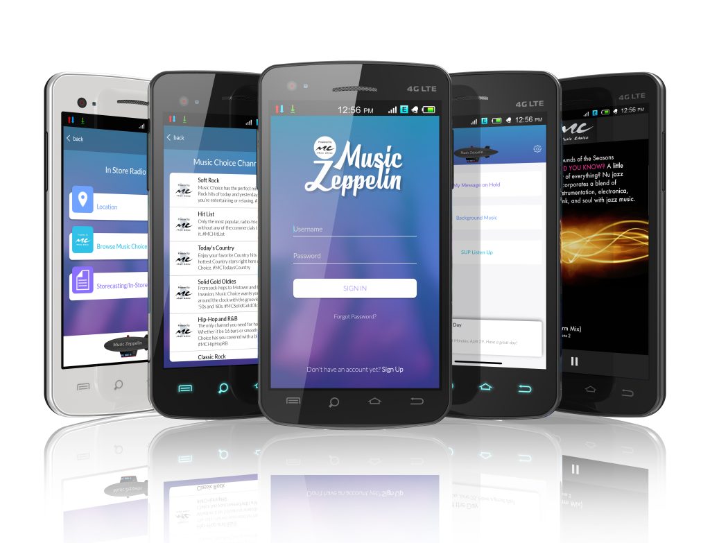 Group of smartphones showing various Music Zeppelin app screens on different smartphones